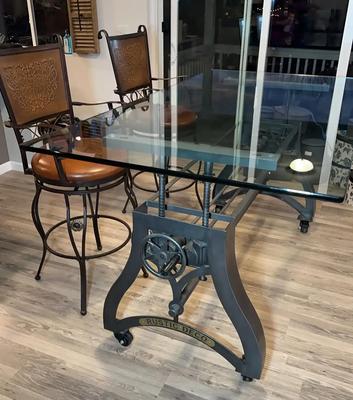 Crescent Industrial Dining Table W/Glass Top & Adjustable Height Industrial Crank