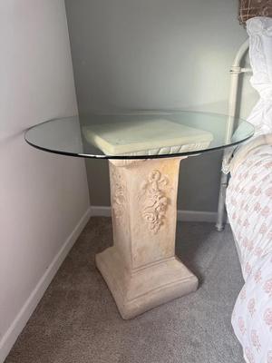 Anderson Teak Carved Etruscan Pedestal Table Base & Glass Top