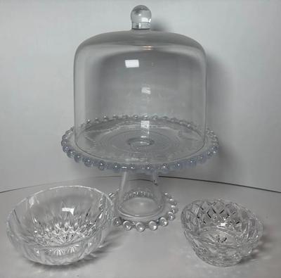Vintage Regency Ambiance Beaded Clear Crystal Glass Pedestal Cake Stand & Pair Small Crystal Bowls