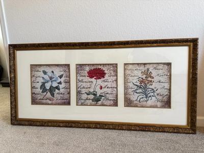 Framed Botanical Triptych with Script Text