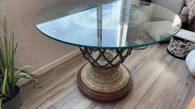 Neoclassical Metal Lattice & Stone Look Glass Top Table 