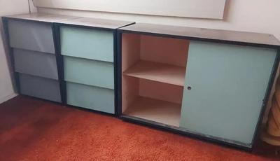 FIVE RETRO WOODEN CABINETS WITH COLORFUL DRAWERS AND DOORS