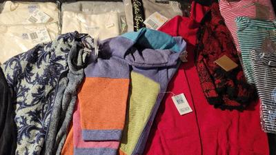 WOMENS XL CLOTHING LOT - SLACKS, TOPS, SWEATERS, AND SCARF
