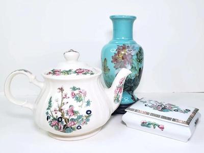 Asian inspired sadler teapot vase, limoges trinket box