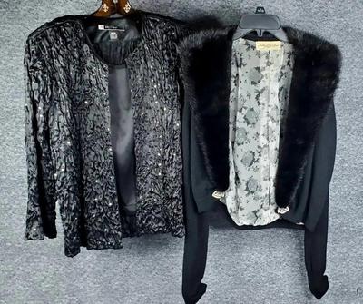 Sequined black top camisole set fur collared jeweled cashmere sweater