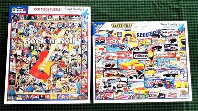 2) 1000pc jigsaw puzzles rock & roll, tasty treats snack cakes