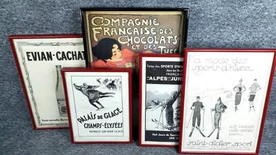 Framed french art advertisement prints, serving tray