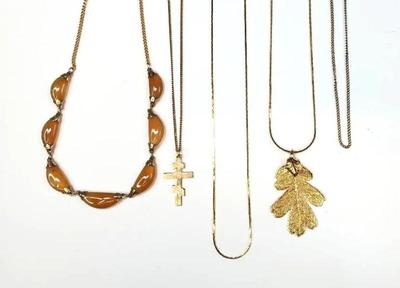 Goldtone necklaces chains leaf charm, stones