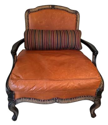 CE515 - Pulaski Leather Accent Chair With Carved Frame And Bolster Pillow.