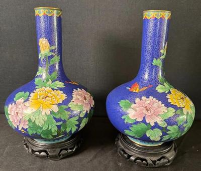 CE510 - Chinese Cloisonne’ Metal Vases On Carved Wooden Stands