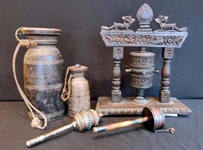 CE214 - Vintage Tibetan Prayer Wheels and Wooden Storage Jars