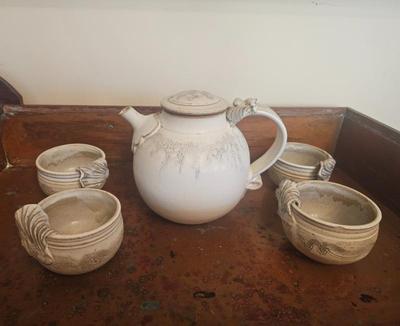 Sale Photo Thumbnail #19: Pottery tea pot and cups