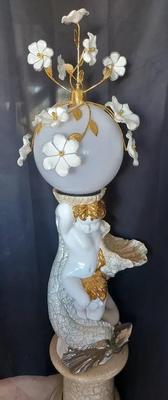 TALL WHITE AND GILDED FLORAL LAMP WITH CHERUBS