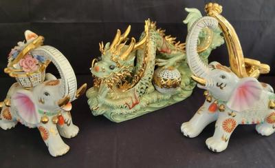 ORNATE WHITE ELEPHANTS AND GREEN DRAGON