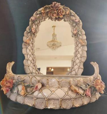 CAPODIMONTE WALL MIRROR AND MATCHING WALL BASKET