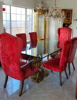 DINING TABLE WITH GLASS TOP AND GOLD-TONE BASES AND SIX  CHAIRS