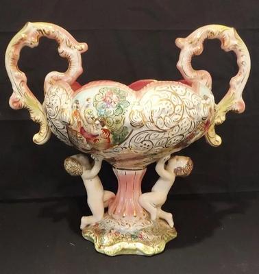 LARGE CAPODIMONTE PORCELAIN FIGURAL CENTERPIECE BOWL WITH HANDLES