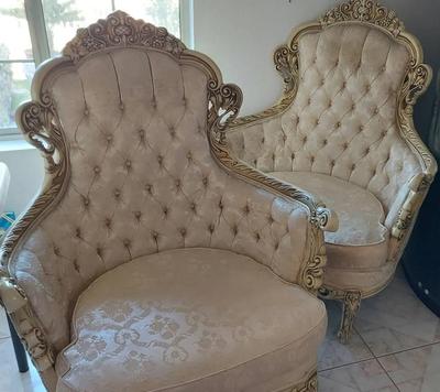 LOUIS XV STYLE WINGED AND UPHOLSTERED ARM CHAIRS BY KIMBALL