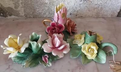 CAPODIMONTE FLORAL CANDLE HOLDERS - LOT OF THREE