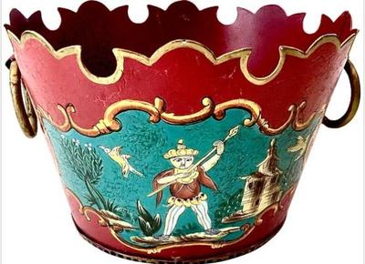 Sale Photo Thumbnail #90: Chinoiserie Toleware Cachepot With Scalloped Border & Ring Handles