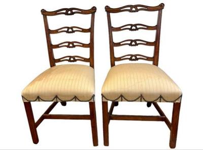 Sale Photo Thumbnail #9: Chippendale Style Ribbon Back Chairs - Swag Detailed Brass Tacking On Silk Seats - Cross Banding On Each Base