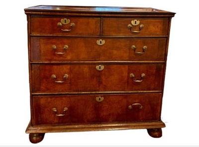 Sale Photo Thumbnail #3: Antique William & Mary Style Chest Of Drawers - Walnut & Burl Wood - Bun Feet & Brass Pulls