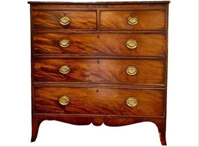 Sale Photo Thumbnail #2: Antique Sheraton Style Flame Mahogany Dresser - Cock Beading, Splayed Feet, Scalloped Apron, & Brass Pulls