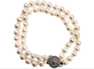 Sale Photo Thumbnail #177: Genuine Pearl Double Strand Bracelet With Silver Tone Gold Filled "14/20" Filigree Clasp