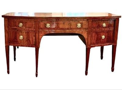 Sale Photo Thumbnail #4: Antique Georgian Style Bow Front Sideboard - Crotch Mahogany With Satinwood Banding & Brass Fittings