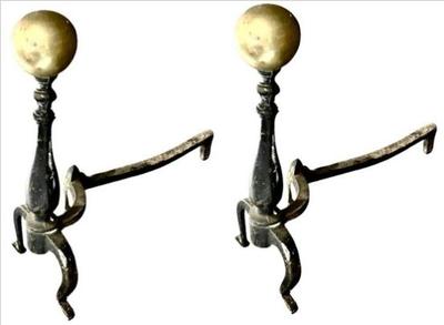 Sale Photo Thumbnail #23: Vintage Brass & Wrought Iron Cannonball Andirons - Nice Age & Patina