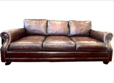 Sale Photo Thumbnail #10: Bernhardt Leather Sofa On Bun Feet - Club Style Arms & Brass Tacking Details - Signed "Bernhardt"