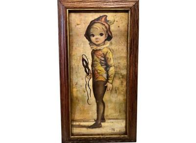 Sale Photo Thumbnail #57: Original Vintage "Maio" Lithograph Big Eyed Harlequin Boy - Original Frame