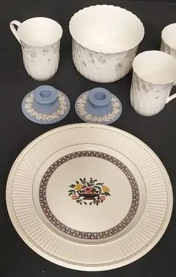 WEDGEWOOD CUPS, CANDLESTICK HOLDER, BOWL, AND MORE - LOT OF 7