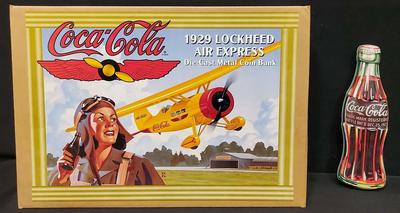 COLA COLA DIE-CAST METAL COIN BANK & BOTTLE-SHAPED TIN BOX WITHOUT PEN