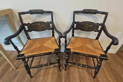 PAIR OF STENCILED HITCHCOCK ARMCHAIR WITH RUSH SEATS
