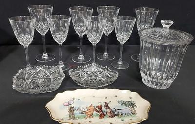 CHRISTOPHER STUART WINE GLASSES,  BISCUIT JAR AND LENOX CANDY DISH