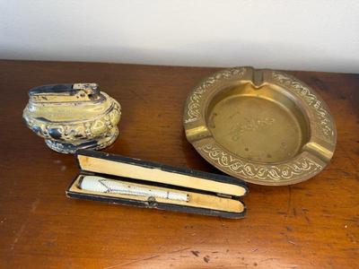Antique Guilloche Enamel Cigarette Holder, Brass Ashtray & Table Lighter 
