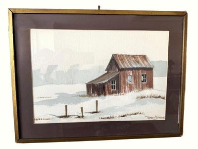 Winter Barn Watercolor Painting Signed Robert Barnes 