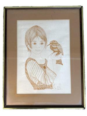 Mara Tran Long (French, B. 1935) Signed 1967 Lithograph "Girl With Bird" 