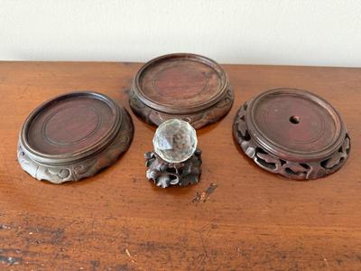 Chinese Rosewood Vase Stands & Crystal Ball 
