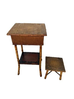 Antique Burnt Bamboo Sewing Table & Footstool 