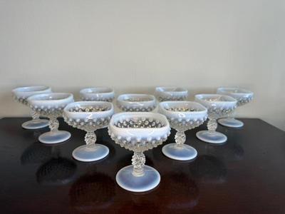 Set Of Ten Fenton White Opalescent Hobnail Cocktail Glasses 