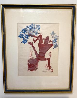 Signed Woodblock Print In Red And Blue 