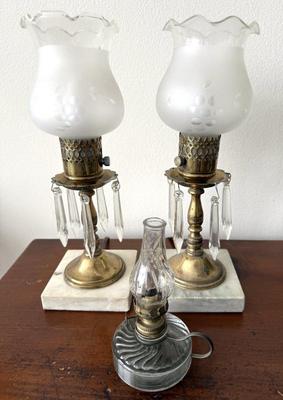 Pair Of Dangling Crystal Marble Base Lamps & Small Oil Lamp 