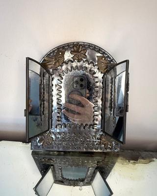 Diminutive Mexican Punched Tin Mirror With Doors 