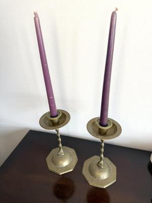 Etched Brass Candlesticks With Purple Tapers 