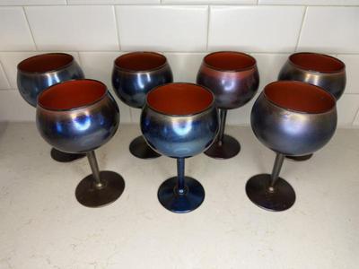 Black Iridescent & Red Wine Glasses, Set Of 7 