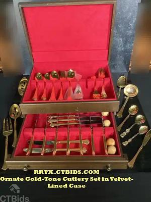 Ornate gold tone cutlery set in velvet lined case rrtx ctbids.com