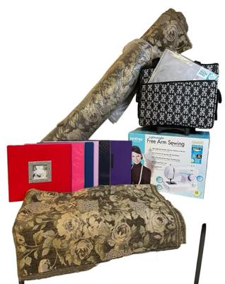 DS501 - Craft/Sewing Lot With Fabric, Scrapbook Albums, Carrying Case, Brother Free Arm Sewing Mach