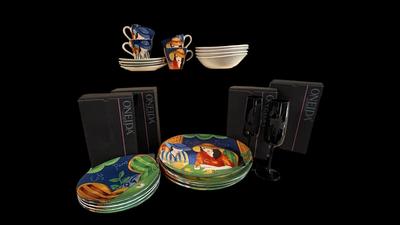 DM119 - Sango - "Cafe Paris" - China and 8 Oneida Champagne Flutes "Minx Black"